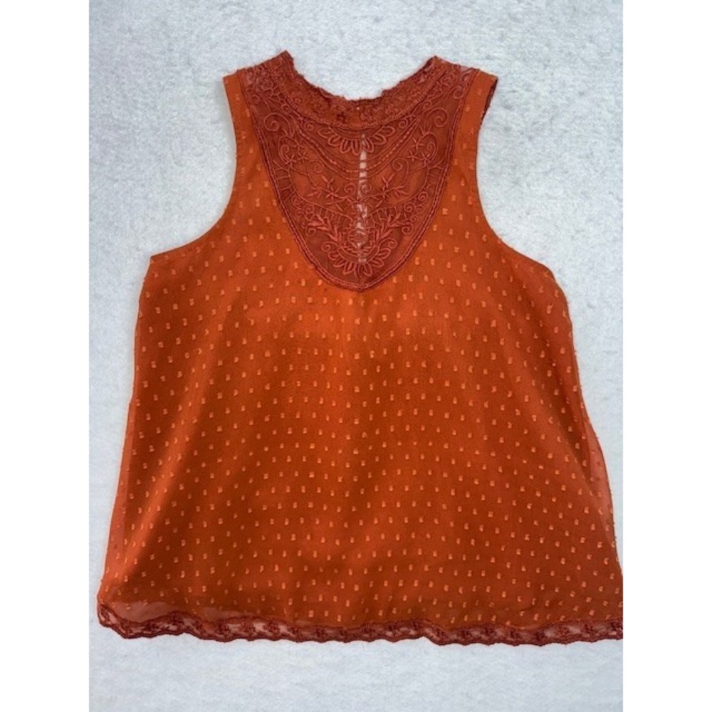 Hollister Women's XS Sleeveless High Neck Top Burnt Orange Swiss Dot Lace Boho